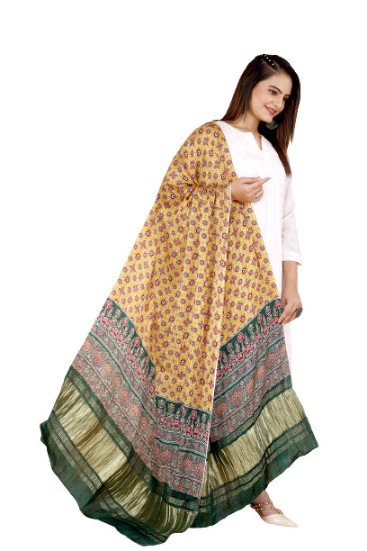 Yellow & Blue Women's Gaji Silk Dupatta suitable for Navratri, Diwali & All Occasions DB2091