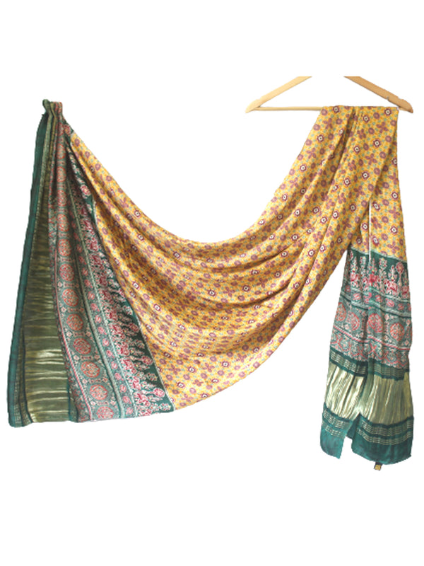 Yellow & Blue Women's Gaji Silk Dupatta suitable for Navratri, Diwali & All Occasions DB2091