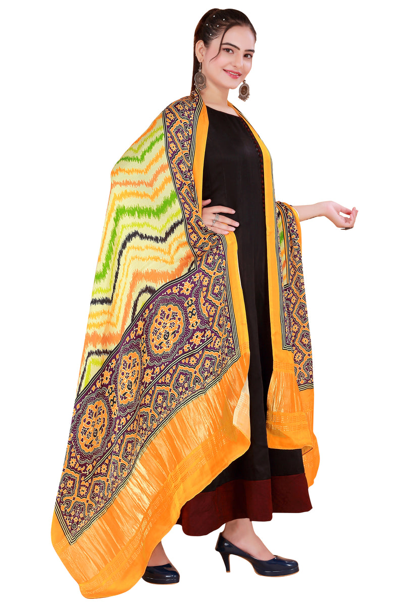 Green & Yellow Women's Gaji Silk Dupatta suitable for Navratri, Diwali & All Occasions DB2092