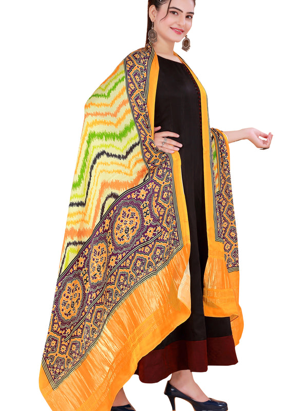 Green & Yellow Women's Gaji Silk Dupatta suitable for Navratri, Diwali & All Occasions DB2092