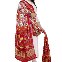 Red Women's Gaji Silk Dupatta suitable for Navratri, Diwali & All Occasions DB2093