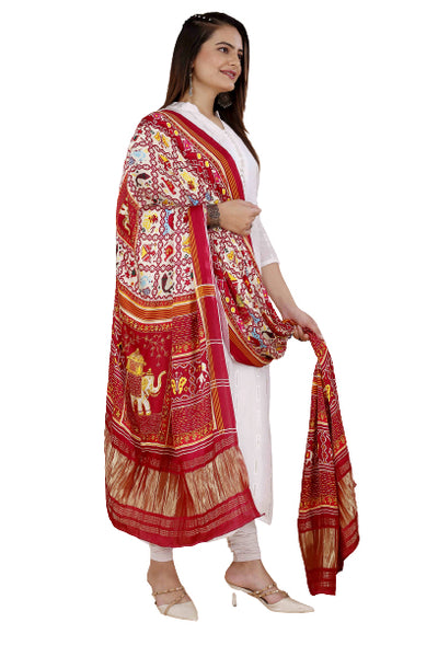 Red Women's Gaji Silk Dupatta suitable for Navratri, Diwali & All Occasions DB2093
