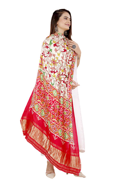 Red Women's Gaji Silk Dupatta suitable for Navratri, Diwali & All Occasions DB2096