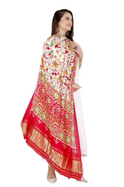 Red Women's Gaji Silk Dupatta suitable for Navratri, Diwali & All Occasions DB2096