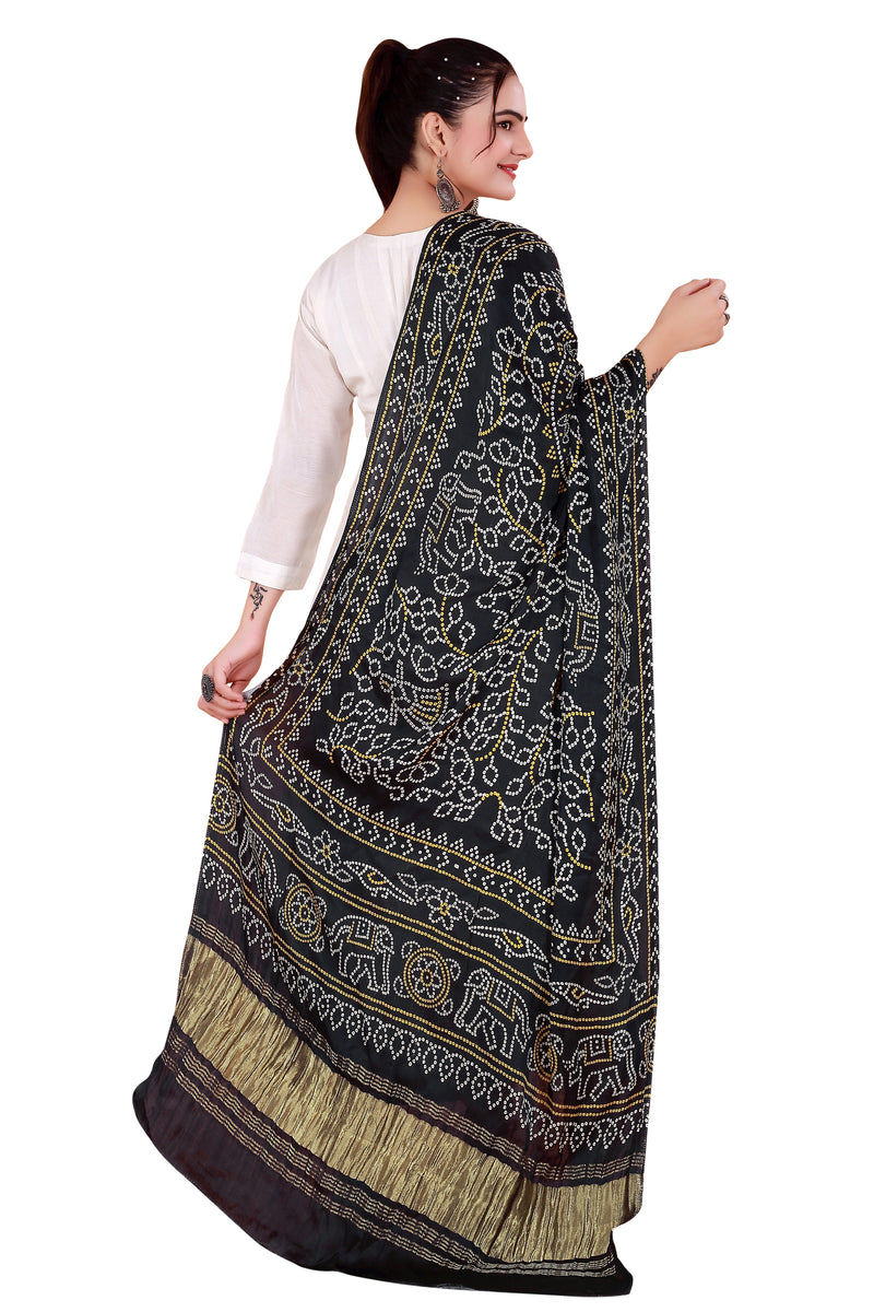 Black Women's Gaji Silk Dupatta suitable for Navratri, Diwali & All Occasions DB2105