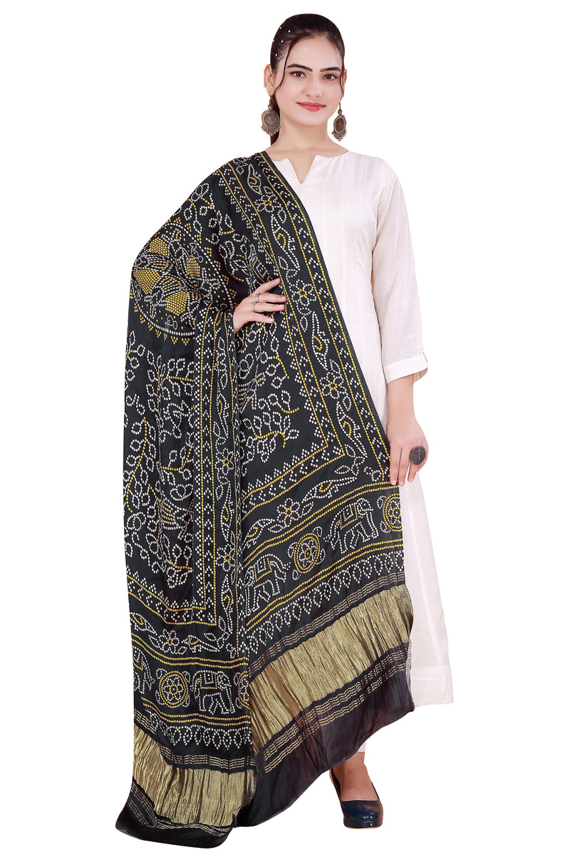 Black Women's Gaji Silk Dupatta suitable for Navratri, Diwali & All Occasions DB2105