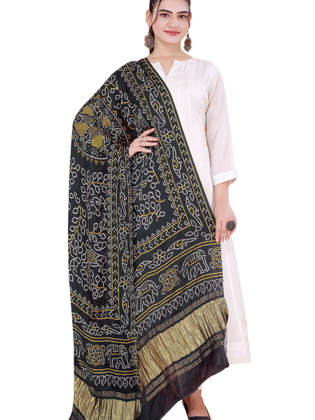 Black Women's Gaji Silk Dupatta suitable for Navratri, Diwali & All Occasions DB2105