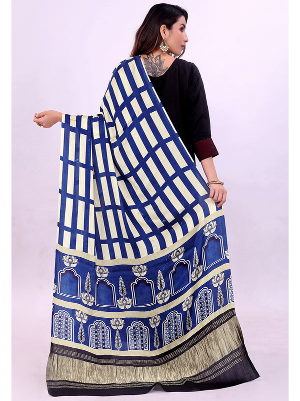 Blue & Beige Women's Gaji Silk Dupatta suitable for All Occasions
