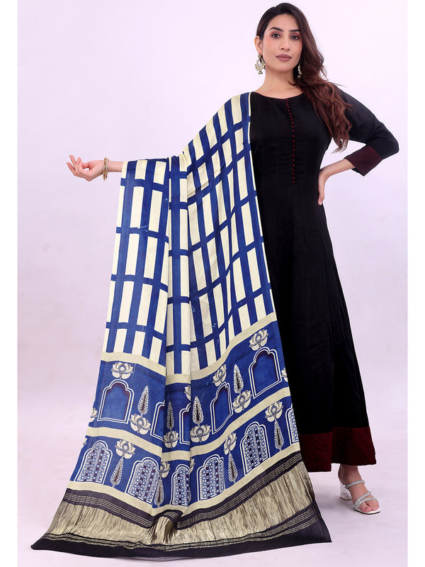 Blue & Beige Women's Gaji Silk Dupatta suitable for All Occasions