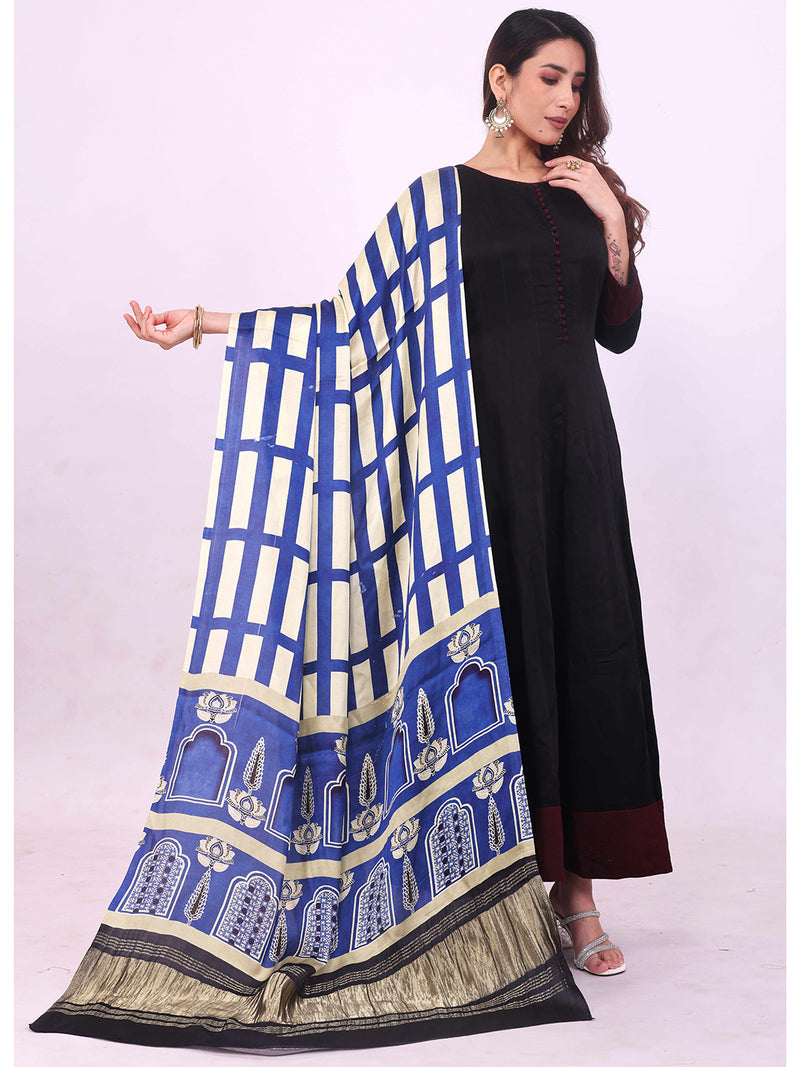 Blue & Beige Women's Gaji Silk Dupatta suitable for All Occasions
