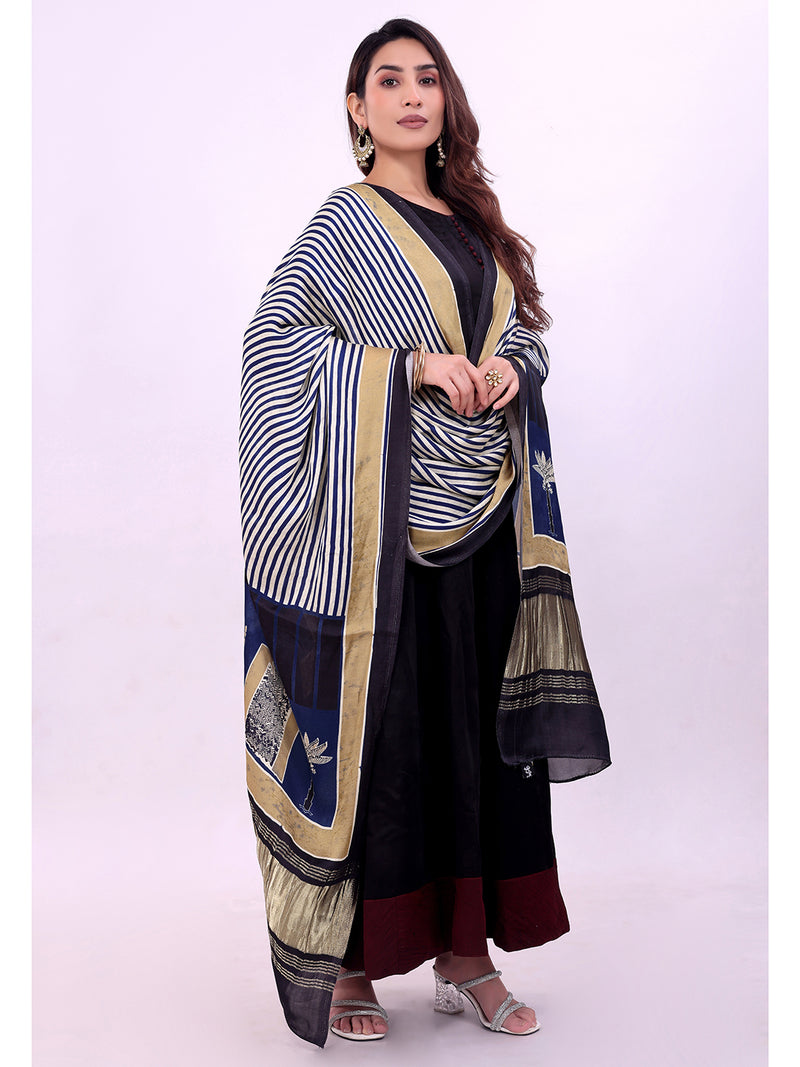 Blue & Beige Women's Gaji Silk Dupatta suitable for  All Occasions