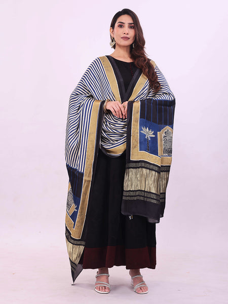 Blue & Beige Women's Gaji Silk Dupatta suitable for  All Occasions