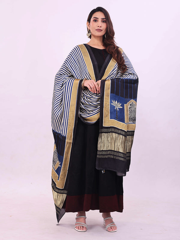 Blue & Beige Women's Gaji Silk Dupatta suitable for  All Occasions