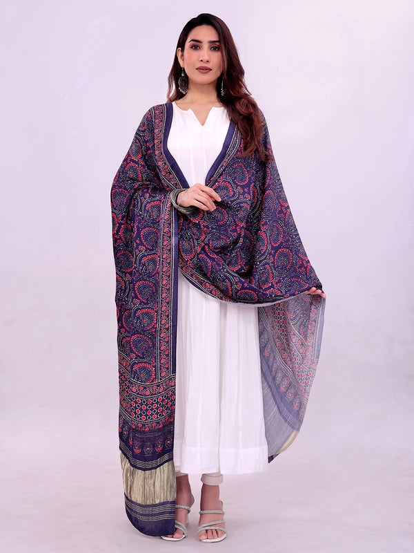 Blue & Red Women's Gaji Silk Dupatta suitable for Navratri, Diwali & All Occasions DB2135