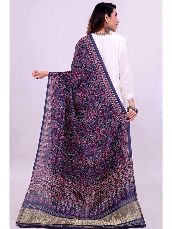 Blue & Red Women's Gaji Silk Dupatta suitable for Navratri, Diwali & All Occasions DB2135