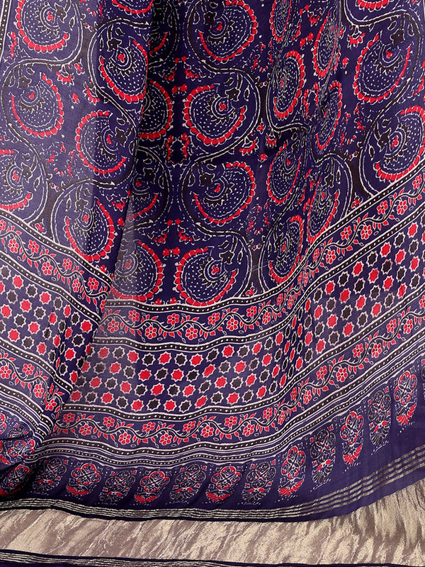 Blue & Red Women's Gaji Silk Dupatta suitable for Navratri, Diwali & All Occasions DB2135