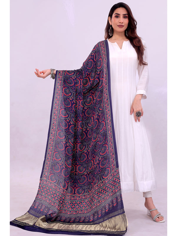 Blue & Red Women's Gaji Silk Dupatta suitable for Navratri, Diwali & All Occasions DB2135