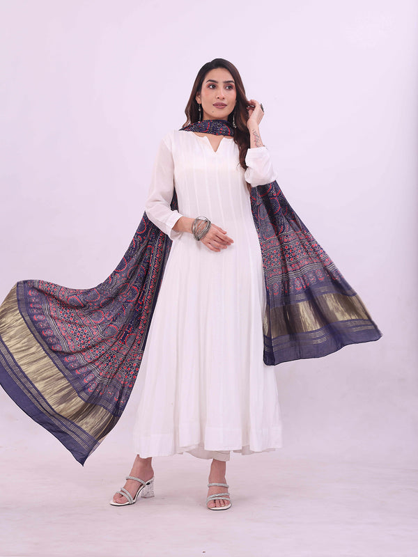 Blue & Red Women's Gaji Silk Dupatta suitable for Navratri, Diwali & All Occasions DB2135