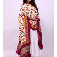 Beige and Purple Women's Gaji Silk Dupatta suitable for Navratri, Diwali & All Occasions DB2163
