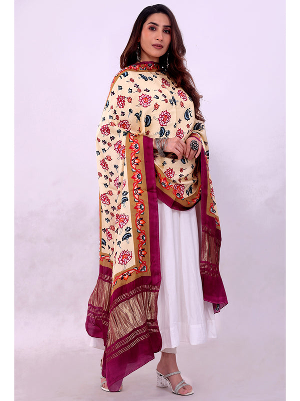 Beige and Purple Women's Gaji Silk Dupatta suitable for Navratri, Diwali & All Occasions DB2163