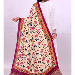 Beige and Purple Women's Gaji Silk Dupatta suitable for Navratri, Diwali & All Occasions DB2163