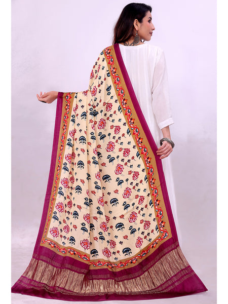 Beige and Purple Women's Gaji Silk Dupatta suitable for Navratri, Diwali & All Occasions DB2163