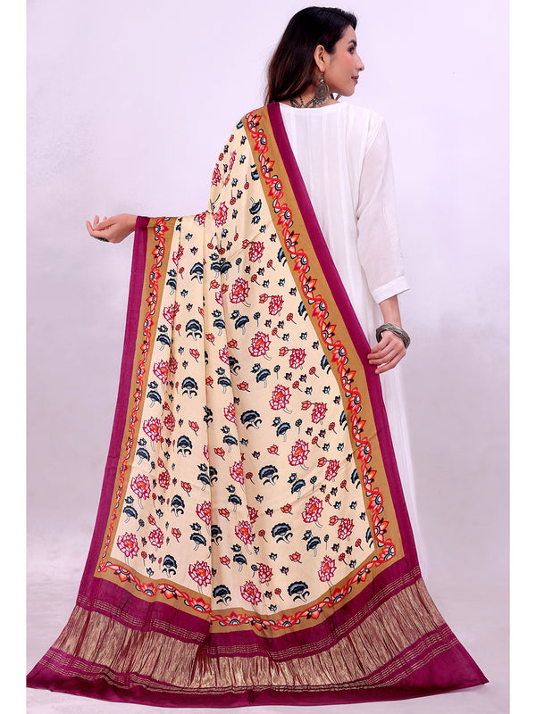 Beige and Purple Women's Gaji Silk Dupatta suitable for Navratri, Diwali & All Occasions DB2163