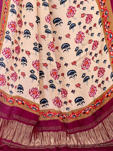 Beige and Purple Women's Gaji Silk Dupatta suitable for Navratri, Diwali & All Occasions DB2163
