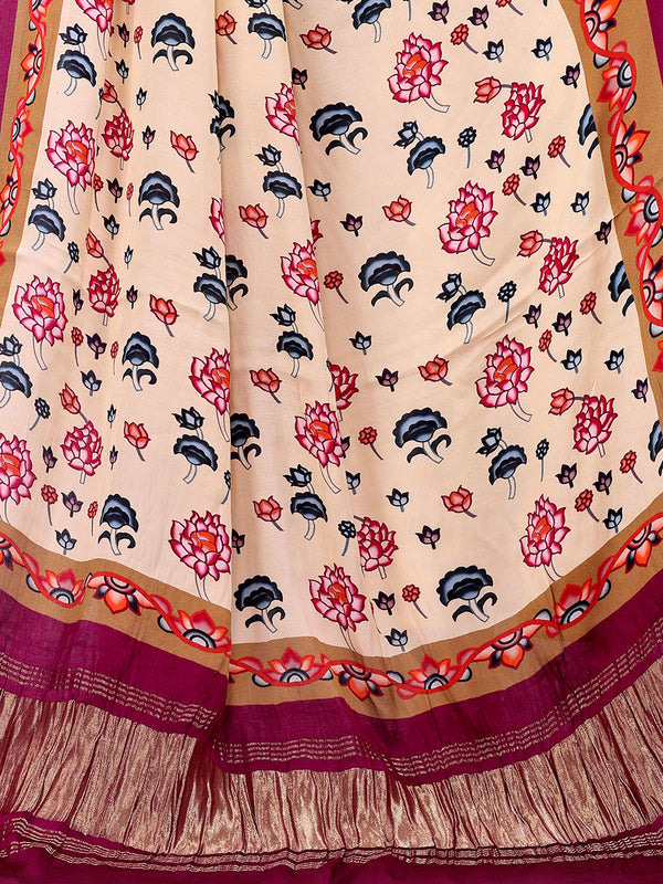 Beige and Purple Women's Gaji Silk Dupatta suitable for Navratri, Diwali & All Occasions DB2163