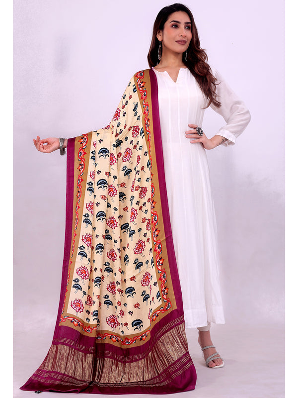 Beige and Purple Women's Gaji Silk Dupatta suitable for Navratri, Diwali & All Occasions DB2163