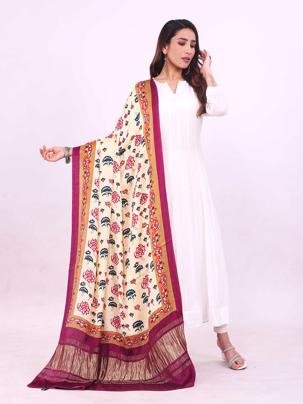Beige and Purple Women's Gaji Silk Dupatta suitable for Navratri, Diwali & All Occasions DB2163