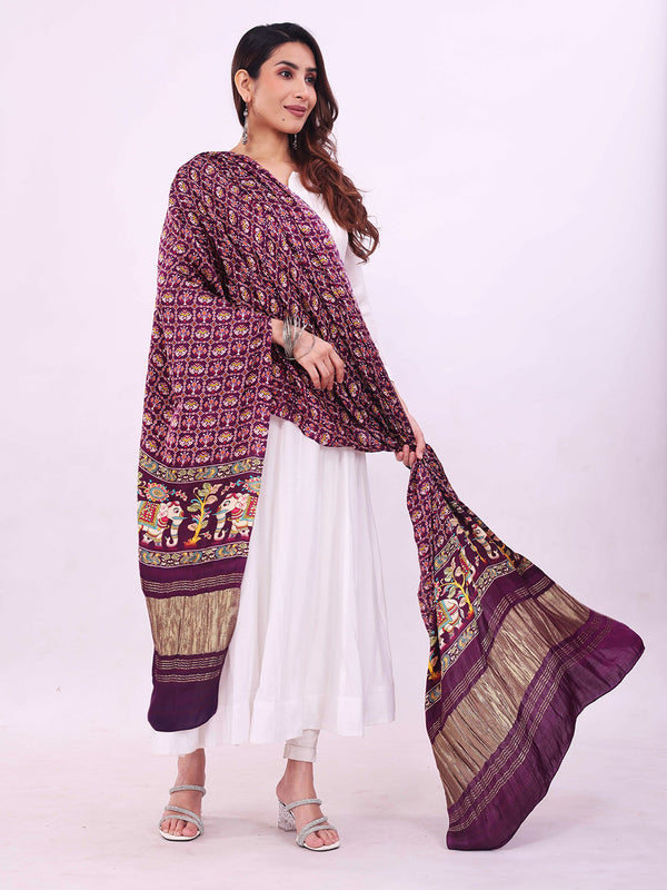 Purple Women's Gaji Silk Dupatta suitable for Navratri, Diwali & All Occasions DB2166