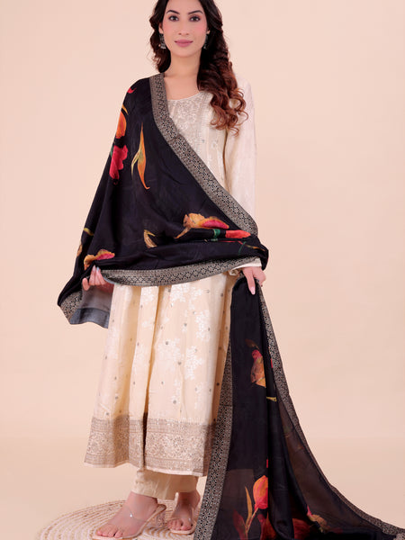 Black Women's Viscose Dola Silk Dupatta suitable for Navratri, Diwali & All Occasions
