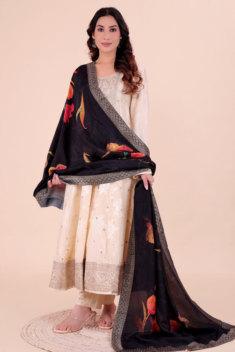 Black Women's Viscose Dola Silk Dupatta suitable for Navratri, Diwali & All Occasions