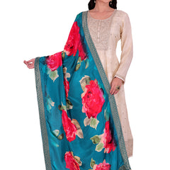 Desi Butik's Teal Blue Floral Printed Dupatta