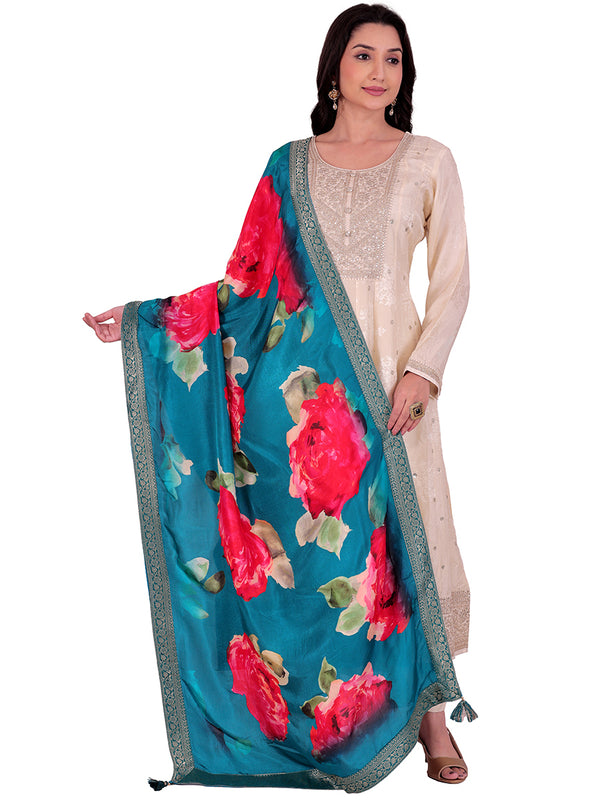 Desi Butik's Teal Blue Floral Printed Dupatta