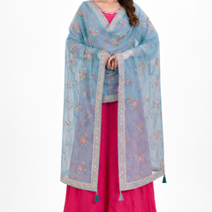 Women’s Sky Blue Floral Embroidered Net Dupatta with Heavy Border & Tassels