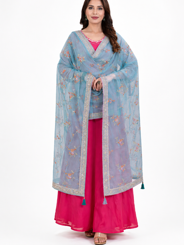 Women’s Sky Blue Floral Embroidered Net Dupatta with Heavy Border & Tassels