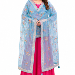 Women’s Sky Blue Floral Embroidered Net Dupatta with Heavy Border & Tassels