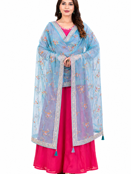 Women’s Sky Blue Floral Embroidered Net Dupatta with Heavy Border & Tassels