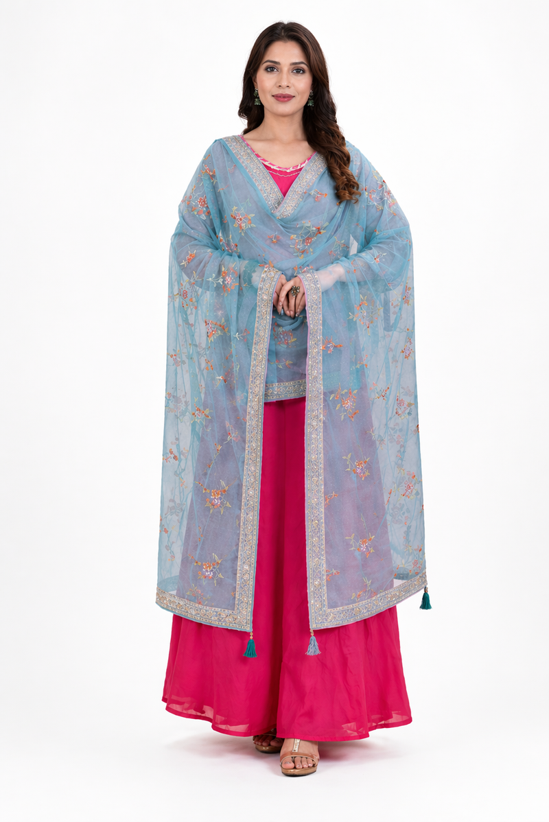 Women’s Sky Blue Floral Embroidered Net Dupatta with Heavy Border & Tassels DB2245