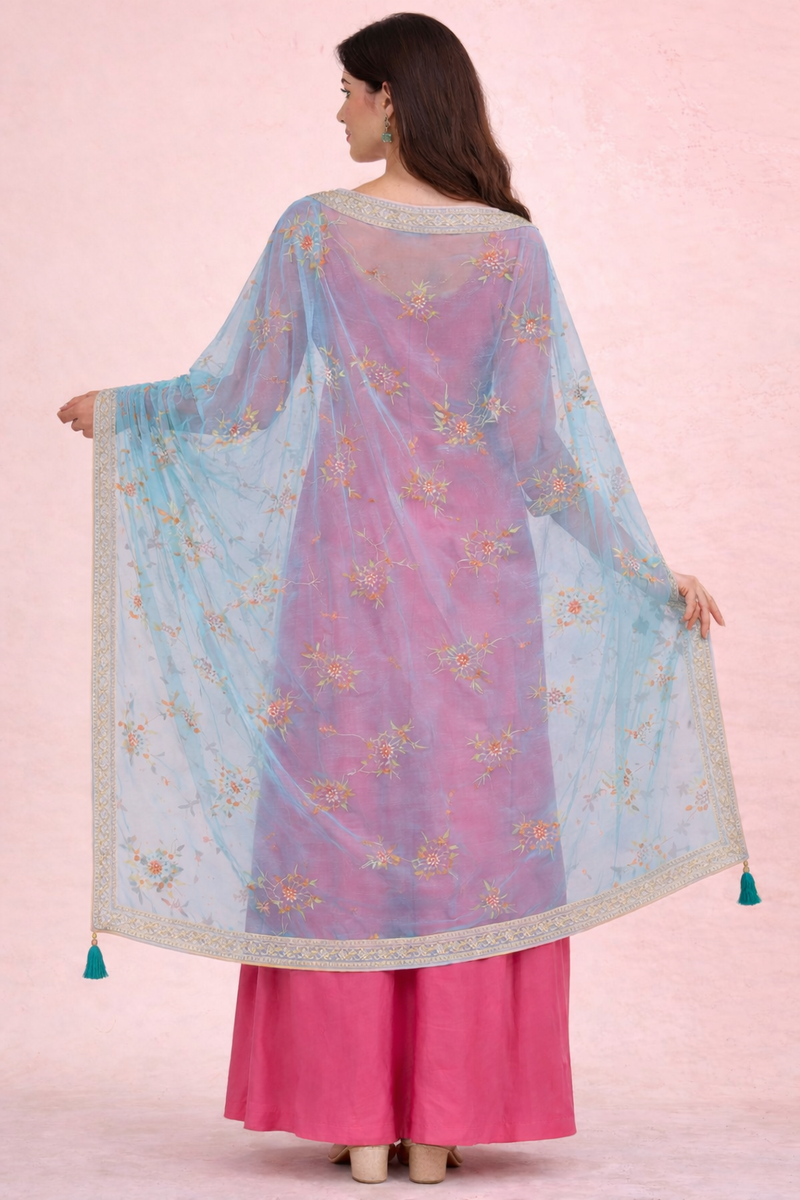 Women’s Sky Blue Floral Embroidered Net Dupatta with Heavy Border & Tassels DB2245