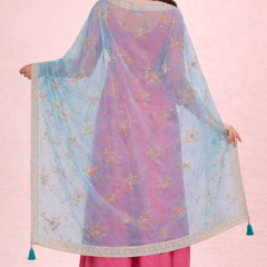 Women’s Sky Blue Floral Embroidered Net Dupatta with Heavy Border & Tassels DB2245