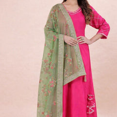 Desi Butik's Elegant Olive Green Embroidered Net Dupatta with Zari Border DB2246