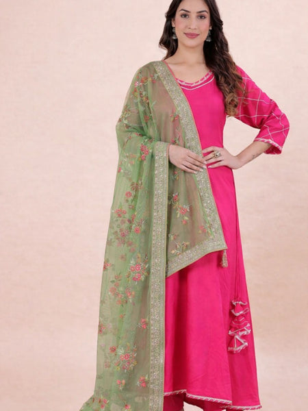 Desi Butik's Elegant Olive Green Embroidered Net Dupatta with Zari Border DB2246