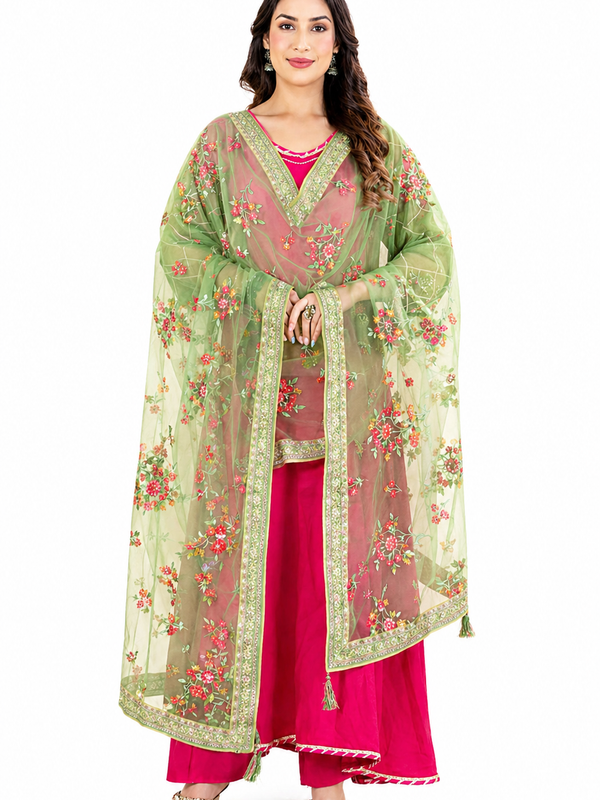 Desi Butik's Elegant Olive Green Embroidered Net Dupatta with Zari Border