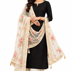 Desi Butik's  Beige Embroidered Net Dupatta with Golden Border & Tassels