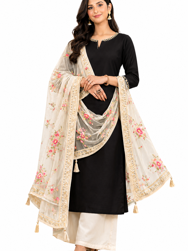Desi Butik's  Beige Embroidered Net Dupatta with Golden Border & Tassels