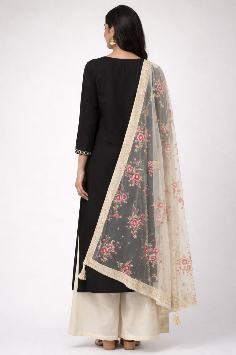 Desi Butik's  Beige Embroidered Net Dupatta with Golden Border & Tassels DB2248