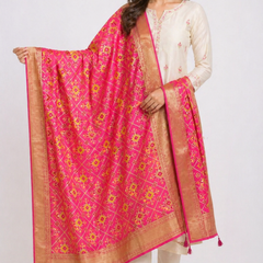 Desi Butik's Royal Pink Banarasi Silk dupata with Golden Zari Motifs